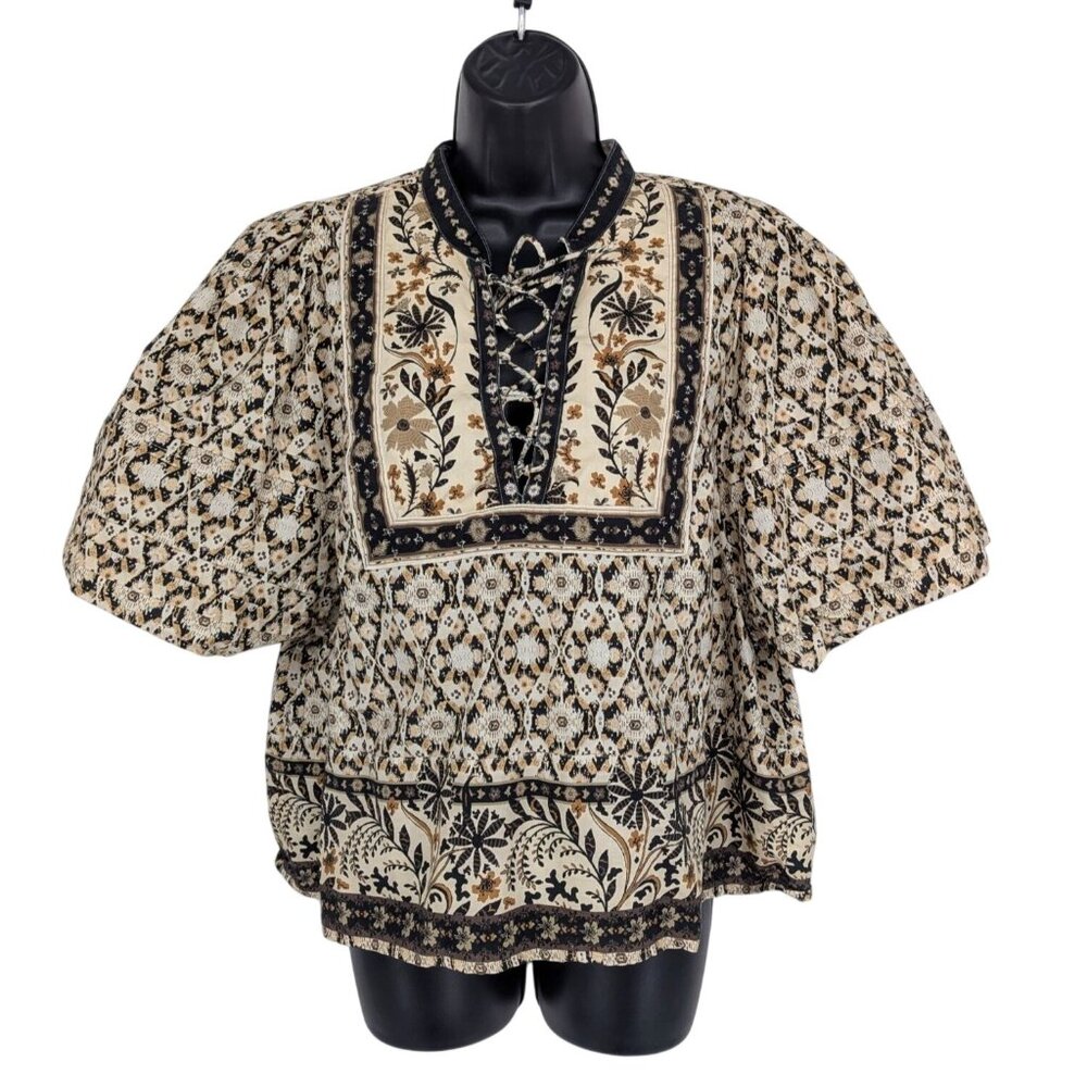 Anthropologie  Lace Up Boho Peasant Top Floral Puff Sleeve Folk Size XL Petite